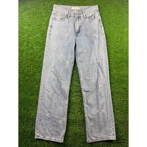 Love Soho Women Jeans 5 Light Wash Blue Denim Bow Embellished Wide Leg High Rise